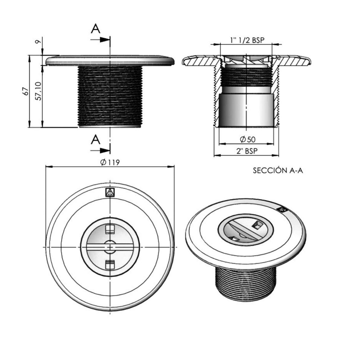 BICO DE SUCÇÃO ABS COM ROSCA DE 2"-50 00301