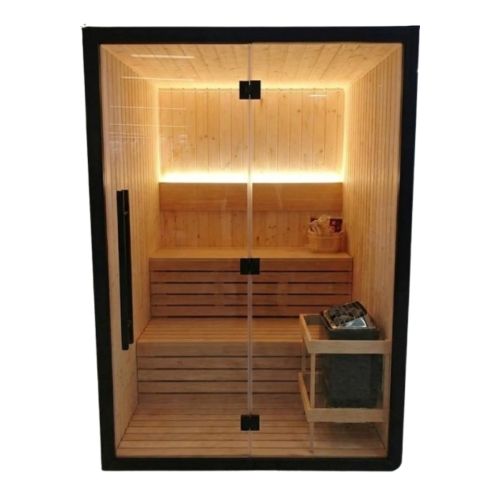 SAUNA ABETO+FRONTAL ALUMINIO+CRISTAL 154*140*210 PLUG & PLAY